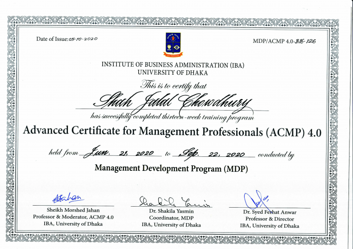 IBA (ACMP) Certificate of Shah jalal Chowdhury