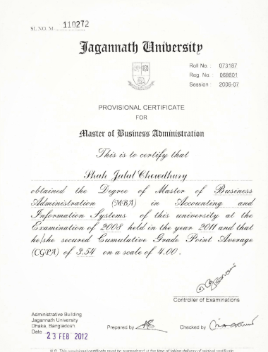 MBA Certificate of ED- Shah Jalal Chowdury